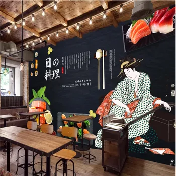 Japonų Virtuvė, Suši Lašišos Maitinimo Juodas Fonas Sienų Tapetai Sienos 3D Asmeninį Restoranas Sienos Popieriaus 3D