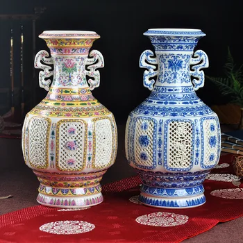 Jingdezhen keramikos imitacija Qianlong Pastelinės Mėlynos tuščiaviduriai vaza Namų Dekoravimo ausis klasikinio kambarį apdaila