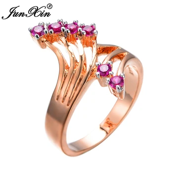 JUNXIN Unikalaus Dizaino Rožinė Akmuo Cirkonis Žiedai, Moterų Nuotakos bižuterijos Rose Gold Filled Vestuves Piršto Žiedą