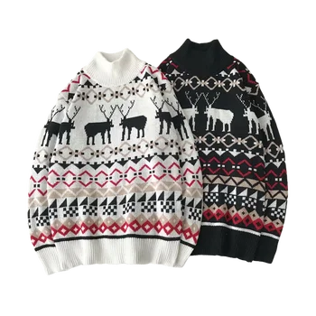 Kalėdų elnias mados vyrų megztinis megztas audinys vienspalvis juostele megztinis vyrų pusapvalės kaklo retro megztinis