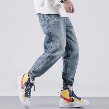 Korėjos Stiliaus Mados, Vyrų Džinsai Aukštos Kokybės Palaidi Tinka Retro Mėlyna Haremo Kelnės Derliaus Dizaineris Smailas Džinsai Vyrams Pieštuku Kelnės