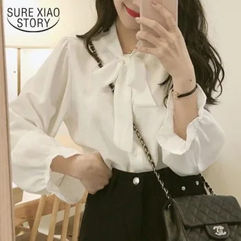 Korėjos Stiliaus Moteris Šifono Palaidinės Baltos spalvos Marškinėliai Lankas Blyksnius Rankovėmis V-kaklo, Saldus, Elegantiškas Pavasario Mados Drabužių Office Ponios 11273