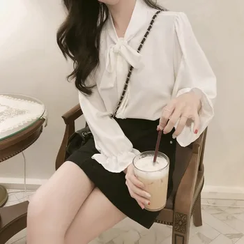 Korėjos Stiliaus Moteris Šifono Palaidinės Baltos spalvos Marškinėliai Lankas Blyksnius Rankovėmis V-kaklo, Saldus, Elegantiškas Pavasario Mados Drabužių Office Ponios 11273