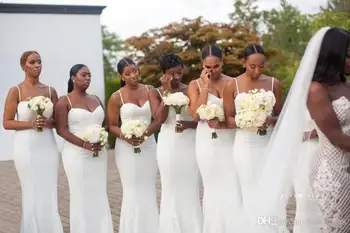 Kuklus, Balta Spagečiai Dirželiai Bridesmaid Dresses Ruched Rankovių Satino Tarnaitė Garbės Suknelės Afrikos Vestuvių Svečiai Dėvėti