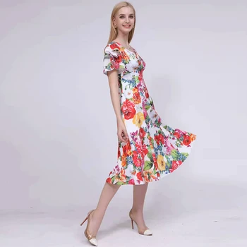 LINGHAN Mados Gėlių Spausdinti Suknelė Elegantiškas Drugelis Rankovėmis V-kaklo, Atostogų Suknelės pagal užsakymą pagaminti dydis Dizaineris Moterų Nauja