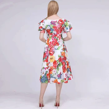 LINGHAN Mados Gėlių Spausdinti Suknelė Elegantiškas Drugelis Rankovėmis V-kaklo, Atostogų Suknelės pagal užsakymą pagaminti dydis Dizaineris Moterų Nauja