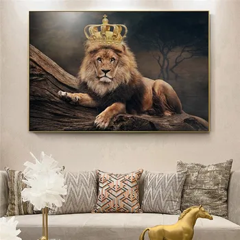 Liūtas Karalius Su Royal Crown Drobė Spausdina Sienos Menas, Plakatų Ir Grafikos Afrikos Gyvūnų Juokinga Liūtas Tapybos Nuotrauka Už Kambarį