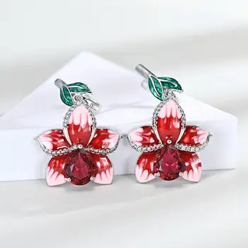 Lotus emalio ruby brangakmenių raudona krištolo lašas auskarai, pakabukas karoliai, žiedai, papuošalų rinkiniai moterims cirkonis deimantų priedai