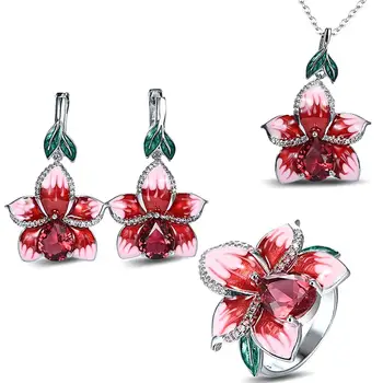 Lotus emalio ruby brangakmenių raudona krištolo lašas auskarai, pakabukas karoliai, žiedai, papuošalų rinkiniai moterims cirkonis deimantų priedai