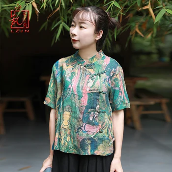 LZJN Vasaros Palaidinės Moterims 2019 Trumpas Rankovės Kinų Stiliaus Moterų Marškinėliai Trumpas Buda Spausdinti Cheongsam Zen Viršūnės