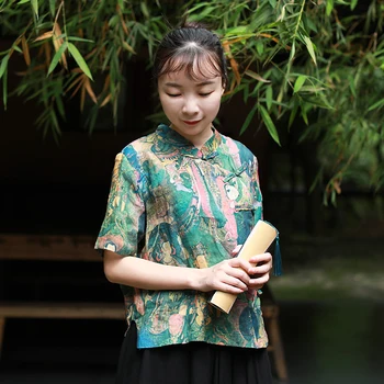 LZJN Vasaros Palaidinės Moterims 2019 Trumpas Rankovės Kinų Stiliaus Moterų Marškinėliai Trumpas Buda Spausdinti Cheongsam Zen Viršūnės