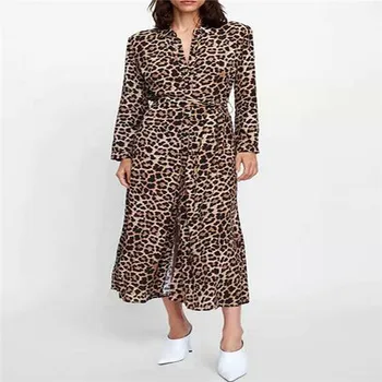 Madinga Moterų suknelė ilgomis Rankovėmis Tvarstis Atsitiktinis Leopardas Spausdinti V-Kaklo, Ritininės Poliesteris Suknelės vienos vienetų