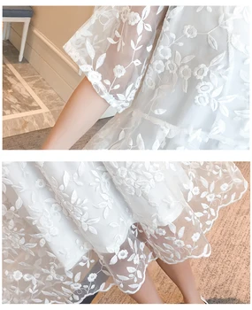 Mados motinystės drabužių vasaros naują dviejų dalių elegantiška baltos spalvos, siuvinėta vidutinio ilgio suknelė nėščiai moteriai