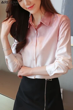 Mados Šilko Moterims Palaidinės Korėjos Rudens Satino Palaidinė Moterims Rožinė Mygtuką Iki Marškinėliai Plius Dydis Ponios Viršūnes Blusas Femininas Elegante