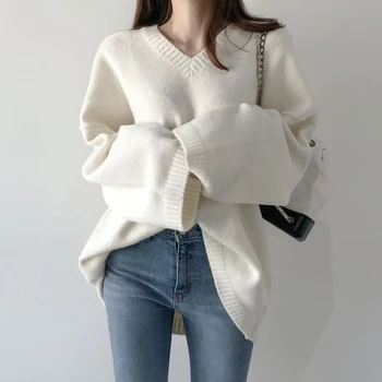 Maihokan kašmyras negabaritinių džemperis moterims kietas korėjos viršuje V kaklo prarasti atsitiktinis puloveriai moterų megzti žiemos džemperis moterims 2020 m.