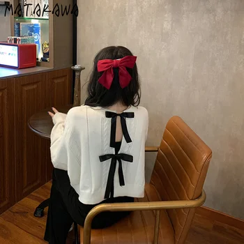 MATAKAWA Gryna Spalva O-Kaklo Džemperis Moterims Chalatą ilgomis rankovėmis Lankas Moteris Megztiniai 2021 Japonijos Laisvas Megztinis Trumpas Viršų