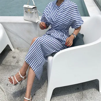 Maxi Suknelė iki 2019 m. Vasarą Medvilnės Mėlyna Dryžuotas Tvarstis Padalinta Varčias Moterų Suknelės Atsitiktinis Bodycon Paplūdimio Suknelė Vestido Skraiste Femme