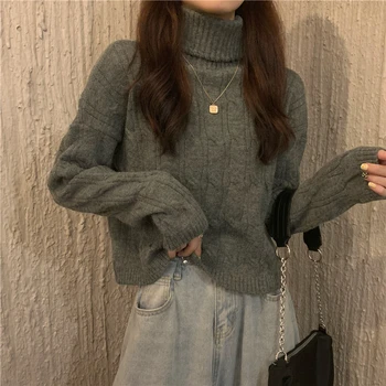 Mažai namą mergaitė~~Rudens ir žiemos naujų korėjos stiliaus trumpas twist golfo laisvas megztinis (puloveris) megztiniai viršų