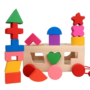 Medinių Blokų Formos Rūšiavimo Pėsčiomis Traukti Palei Automobilio Modelį Rankų darbo modelis žaislas, Švietimo, Vaikams, Žaislas, Formos pažinimo dovana kūdikiams