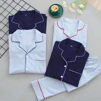 Medvilnės Pora Pižama, Japonijos ilgomis Rankovėmis vyriški Namų Kostiumas Turn-Žemyn Apykaklės Patogiai Moterų Pyjama Plius Dydis Sleepwear