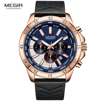 MEGIR Vyrų Vandeniui Odos Dirželis Sporto Kvarciniai Laikrodžiai Šviečiantys Chronograh Armijos Laikrodis Žmogui Relogios 2103 Rose mėlyna