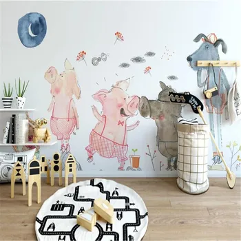 Milofi individualų didelis tapetai, freskos modernus minimalistinio ranka-dažytos mielas kiaulių gyvūnų, vaikų kambario sienos fone