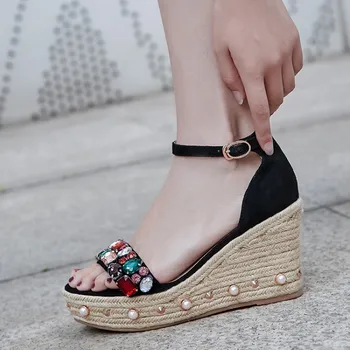 MLJUESE 2018 moterų sandalai karvės odos Gladiatorių juoda spalva crystal peep toe pleištai sandalias žvejo batai moterų sandalai