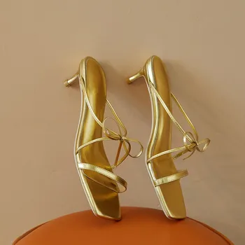 MLJUESE 2020 moterų šlepetės Minkštas karvės odos Romos stilius, vasaros atidaryti tne aukso spalvos aukštakulniai sandalai šalis vestuvių dydis 43