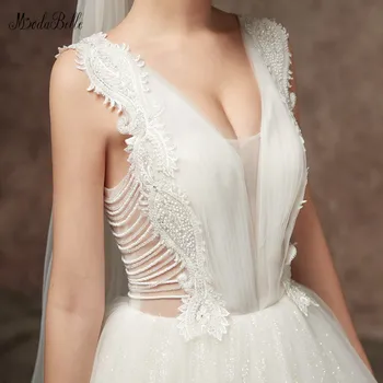 Modabelle Giliai V-kaklo Balta Vestuvinė Suknelė Vestido De Gala Organza Perlai Backless Kamuolys Suknelė Vestuvių Vestidos De Noiva Princesa
