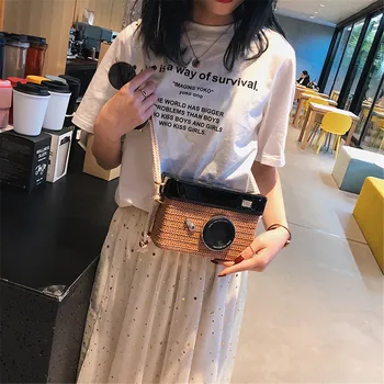 Moteris, Mergina Mini Šiaudų Audimo Crossbody Maišelį Korėjos Stiliaus Kameros Formos Kelionių Telefono Maišelį Lauko Kelionių Paketus