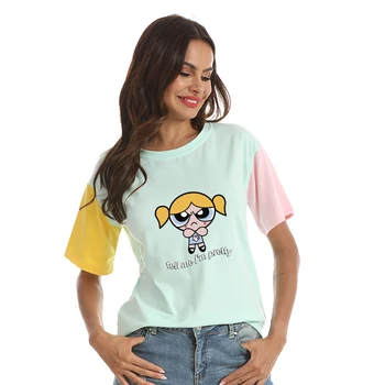 Moteris Tshirts Atsitiktinis Harajuku Kawaii Animacinių Merginų Spausdinti Marškinėliai Moterims Kontrasto Spalvų Spliced Vatos Pagaliukai Draugais Korėjos Drabužių