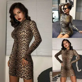 Moterų 2020 m. Mini Suknelė Vadimas Vasaros Seksualus Leopardas Spausdinti Bodycon ilgomis Rankovėmis Ruožas Moterų Slim Fitneso Leopard Mujer Vestido