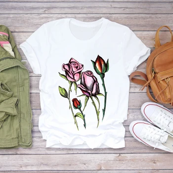 Moterų Akvarelė Gėlių Gėlių Meilė 90s Tendencijos Mados Ponios Spausdinti Lady T-shirts Top Moteriški Laisvalaikio Marškinėliai O-neck Tee Marškinėliai
