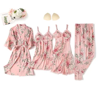 Moterų apatinis Trikotažas naktiniai drabužiai 5Pieces Satino Pižamos Moterų Pižama Rinkiniai Gėlių Spausdinti Pijama Kimono Sleepwear