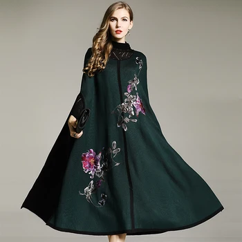 Moterų derliaus gėlių vilnos Skraistę tranšėjos paltai siuvinėjimo gėlių elegantiškas prarasti panele laisvalaikio megztiniai Žaliojo Viršutiniai moterų M-XXL