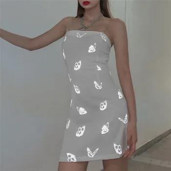 Moterų Diržas Suknelė 2021 M. Vasaros Baltos Mados Mergina Seksualus Slim harajuku Atspindintis Drugelis Spausdinti Šalis Suknelė Mini Sijonas Moteris