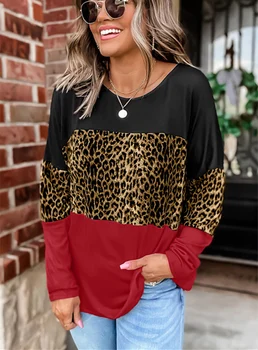 Moterų Drabužių Pavasario Rudens Marškinėliai Atsitiktinis Palaidų O-kaklo Viršų Leopard Kratinys T-shirt Moteris ilgomis Rankovėmis Viršūnes Tee Marškinėliai