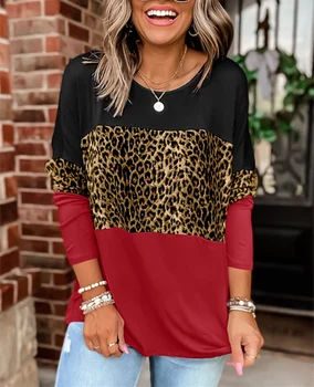 Moterų Drabužių Pavasario Rudens Marškinėliai Atsitiktinis Palaidų O-kaklo Viršų Leopard Kratinys T-shirt Moteris ilgomis Rankovėmis Viršūnes Tee Marškinėliai