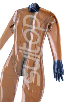 Moterų gumos seksualus catsuit latekso bodysuits į trasparent ruda su nugaros užtrauktuku prie tarpkojo su kojines ir pirštines