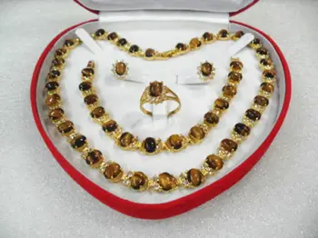 Moterų papuošalai tigro akis perlas geltono aukso Auskarai Apyrankės Karoliai, Žiedas +box