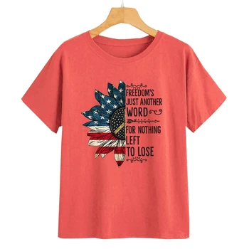 Moterų trumpomis Rankovėmis T-Shirt Laisvė Tiesiog Kitą Žodį Saulėgrąžų JAV Vėliava Viršūnes 23GE