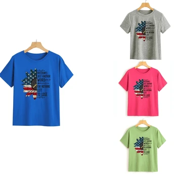 Moterų trumpomis Rankovėmis T-Shirt Laisvė Tiesiog Kitą Žodį Saulėgrąžų JAV Vėliava Viršūnes 23GE