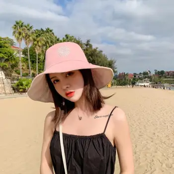 Moterų Vasaros Laisvalaikio Diskelių Paplūdimys Saulės Skrybėlę Grįžtamasis Saldus Daisy Saulėgrąžų Siuvinėjimo Platus Briauna UV Apsauga Kibiro Kepurę