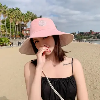 Moterų Vasaros Laisvalaikio Diskelių Paplūdimys Saulės Skrybėlę Grįžtamasis Saldus Daisy Saulėgrąžų Siuvinėjimo Platus Briauna UV Apsauga Kibiro Kepurę