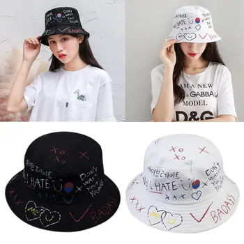 Moterų, Vyrų, Vasaros Harajuku Lauko Kibiro Kepurę Korėjos Raidžių Širdies Grafiti Spausdinti Asmenybės Hip-Hop Žvejo Kepurė