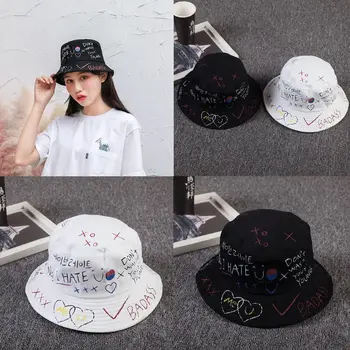 Moterų, Vyrų, Vasaros Harajuku Lauko Kibiro Kepurę Korėjos Raidžių Širdies Grafiti Spausdinti Asmenybės Hip-Hop Žvejo Kepurė
