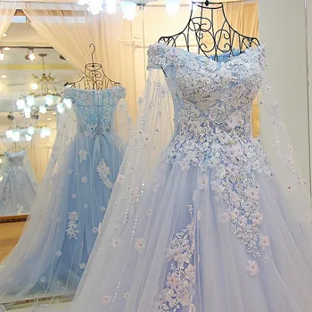 Mėlynos spalvos tiulio kamuolys suknelė prabanga zawalcowany appliqued oficialią vestuvių suknelės, suknelės su žaliuoju abito da matrimonio