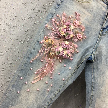 Nauja Europos nagų granulių siuvinėjimas trimatis koja gėlių rodyti plonas kaubojus kelnės tight pieštuku kelnės