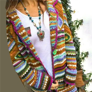 Nauja Rudens Džemperis Moterims Ilgomis Rankovėmis Kratinys Megzti Atviras Priekis Rainbow Dryžuotas Megztinis Moterims Kailis Sueter Mujer Invierno 2020 M.