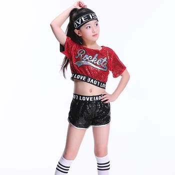 Nauja Vaikų Džiazo Šokis Modernus Cheerleaders Kostiumai Hip-Hop Berniukas Mergaičių Pasėlių Viršaus Ir Kelnės Blizgančiais Naudingumo Drabužių Rinkinys